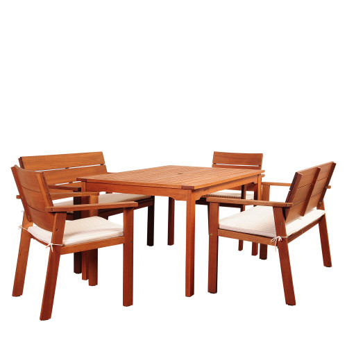 5-Piece Brown Nelson Eucalyptus Rectangular Outdoor Furniture Patio Dining Set 70" - Beige and Off White Cushions