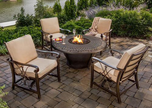 5-Piece Cast Aluminum Round Gas Fire Pit Set w/ Cream Patio Rocking Chairs