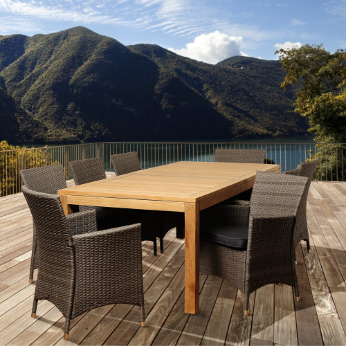 9-Piece Brown Derrick Teak Rectangular Outdoor Patio Dining Set 87" - Gray Cushions