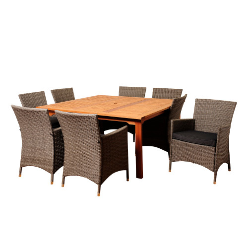 9-Piece Brown Normand Eucalyptus Wicker Square Patio Dining Set 59" - Gray Cushions