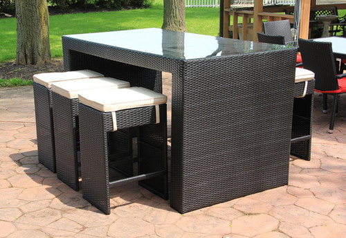 7-Piece Black and Red Wicker Outdoor Patio Furniture Bar Dining Set with Cushions - 78"
