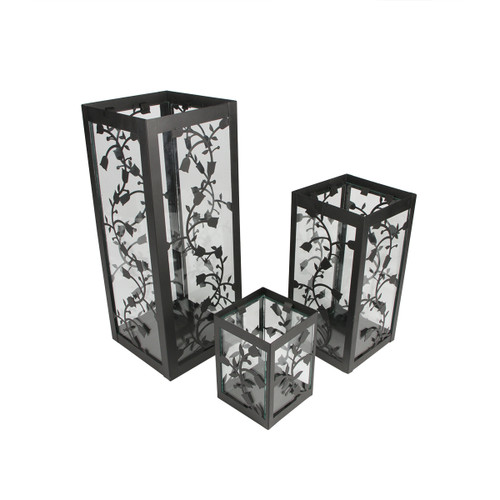 Set of 3 Black French Country Garden Floral Pillar Candle Holder Lanterns 12"