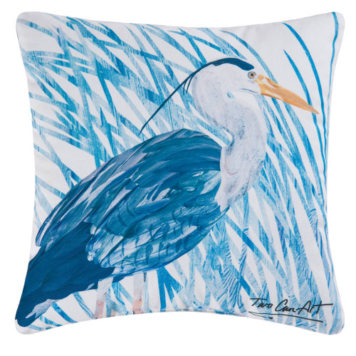 18" Blue and White Heron Square Outdoor Throw Pillow - Down
