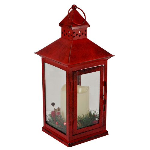 13.5" Red and Clear Holiday Berry and Pine Ring LED Lantern - Battery Operated