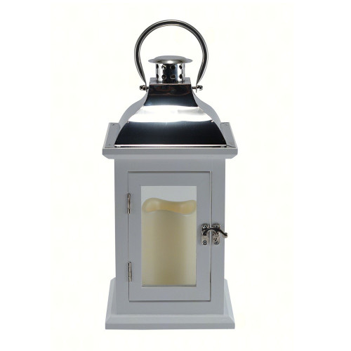 13" White and Silver Rustic Barn Wooden Carriage LED Lantern - Battery Operated