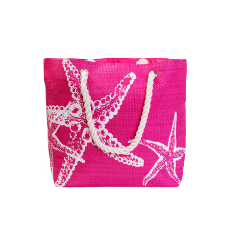 20" Pink and White Starfish Design Straw Beach Tote Bag with Pocket