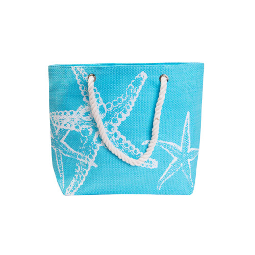 20" Blue and White Starfish Design Straw Beach Tote Bag with Pocket