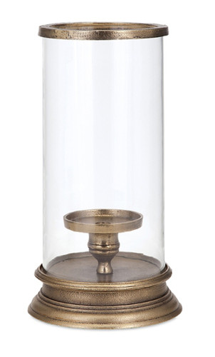 16" Large Stylish Parrino Brass Pillar Candle Lantern with Glass Hurricane Shade