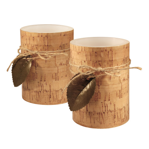 Set of 2 Brown Cork with Green Leaf Battery Operated LED Pillar Candles 4"