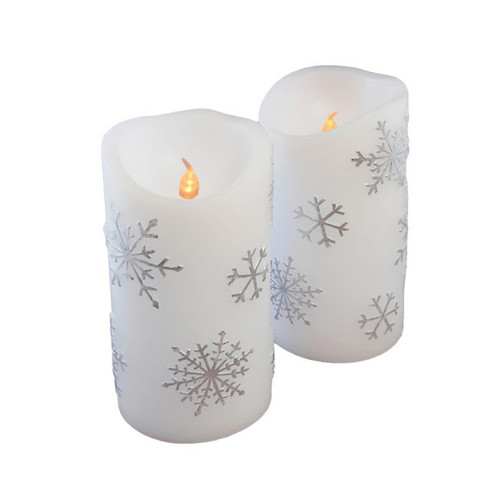 Set of 2 White and Silver Christmas Snowflake Battery Operated LED Wax Candles 6.5"