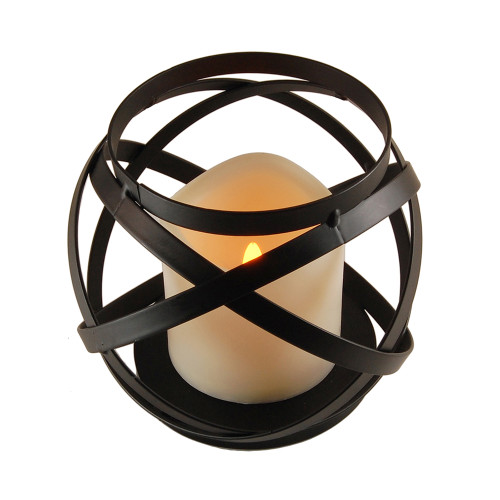 6.25" Battery Operated Black Banded Metal Lantern with LED Candle