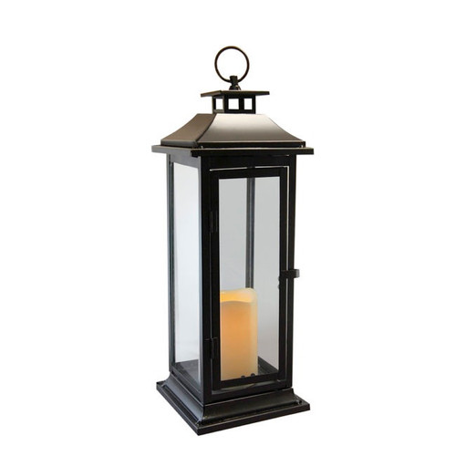 16.75" Traditional Style Black Metal Lantern with Battery Operated LED Lighted Candle