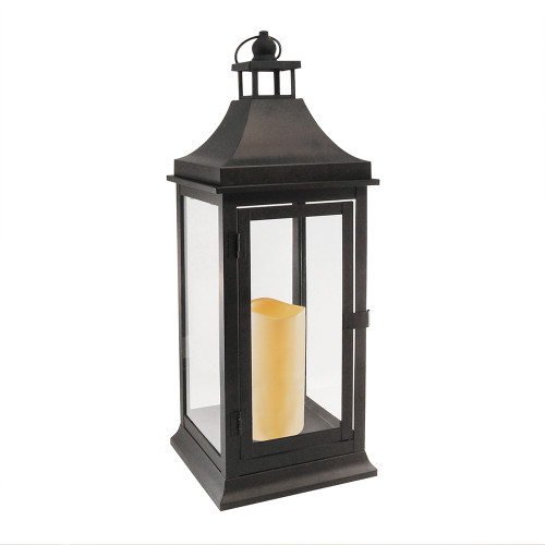 19.5" Tall Classic Style Matte Black Metal Lantern with LED Candle