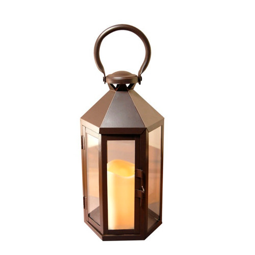 12" Black Hexagon Design Metal Lantern with Battery Operated LED Lighted Candle