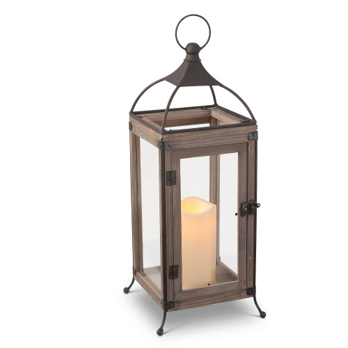 18" Brown Rustic Finished Decorative Lantern with Handle and Door Hinges