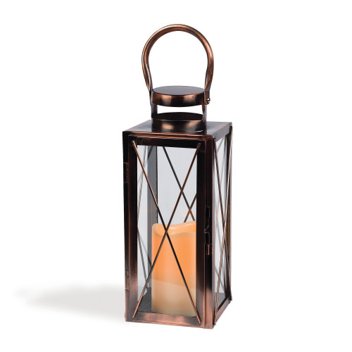 12" Copper Colored Glossy Finished LED Lantern with Hinged Door and Metal Clasp