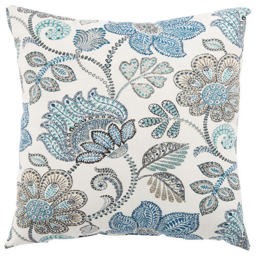 18" White and Blue Floral Patterned Outdoor Patio Square Throw Pillow