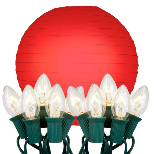 Set of 10 Red Round Paper Lanterns with Electric Sting Lights 10"
