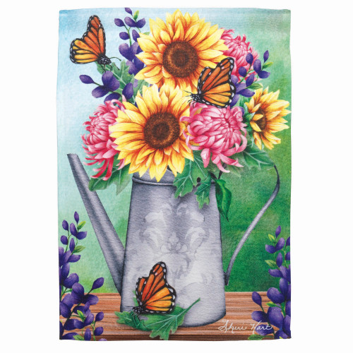 Green and Yellow Watering Can with Sunflowers Printed Outdoor Garden Flag 18" x 13"