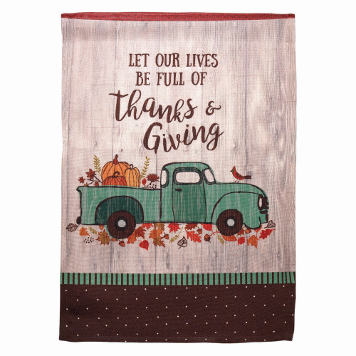 Brown and Green Pickup Truck "Thanks And Giving" Outdoor Garden Flag 18" x 13"