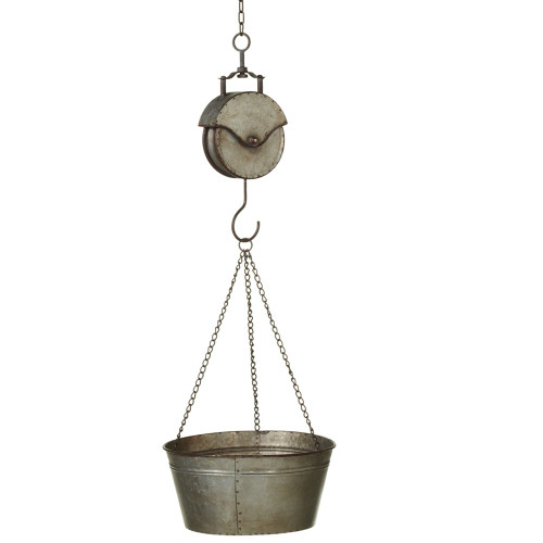 48" Silver Antique Style Hanging Galvanized Bucket Planter on Pulley