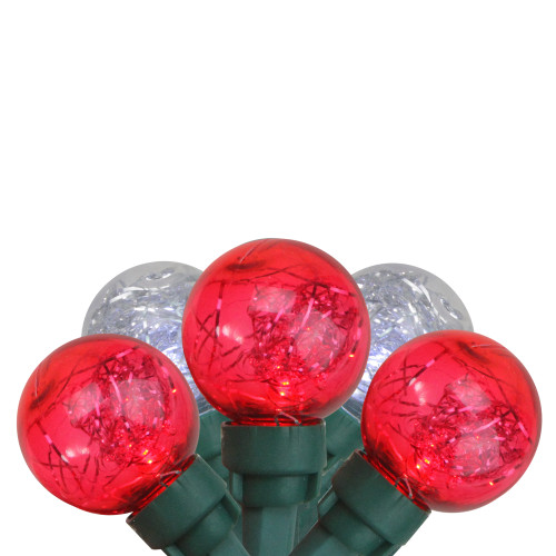 25 Red and Pure White Tinsel LED G30 Globe Christmas Lights - Green Wire