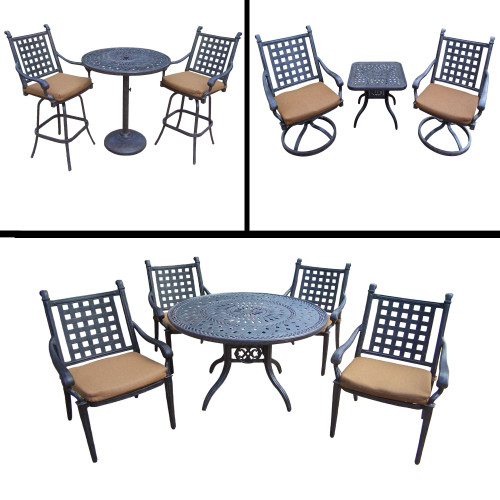 11pc Black and Brown Dining with Round Table, Bar, Swivel Rockers Chat Patio Furniture Sets