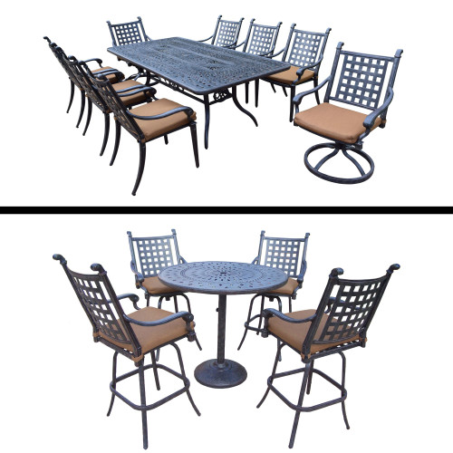 14pc Black and Beige Round Bar with Swivel Bar Stools and Patio Dining Sets 84"