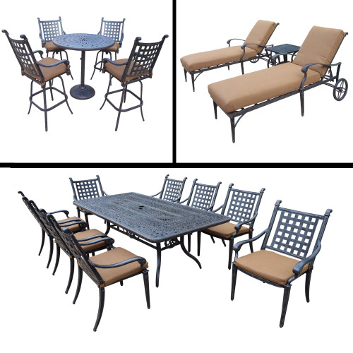 17pc Black and Brown Bar, Dining and Chaise Lounge Patio Furniture Sets with Cushion