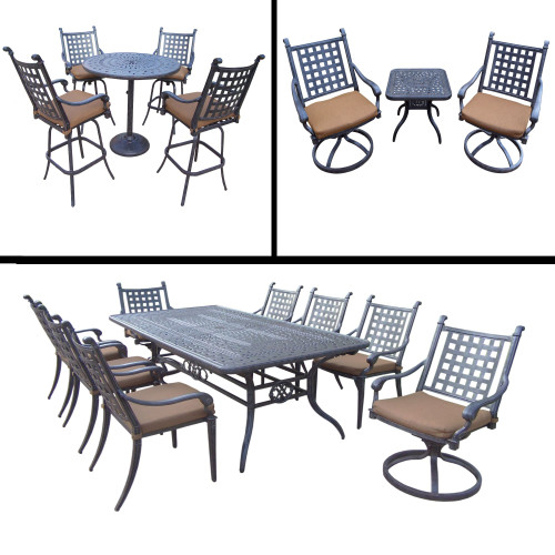 17pc Black and Brown Dining with Extendable Table, Bar and Swivel Rocker Chat Patio Furniture Sets