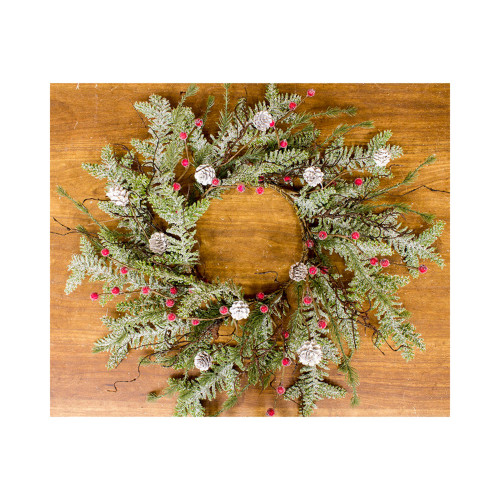 6" Pink and Green Frosty Berry Pine Cone Candle Ring in Large