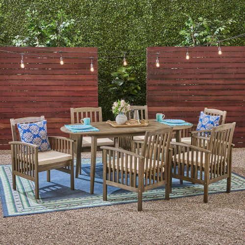 7-Piece Gray Finish Oval Wood Outdoor Furniture Patio Dining Set - Cream Cushions