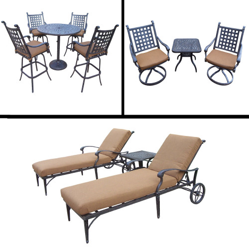 11pc Black and Beige Bar, Swivel Bar Stools, Bar and Chaise Lounge Patio Furniture Sets