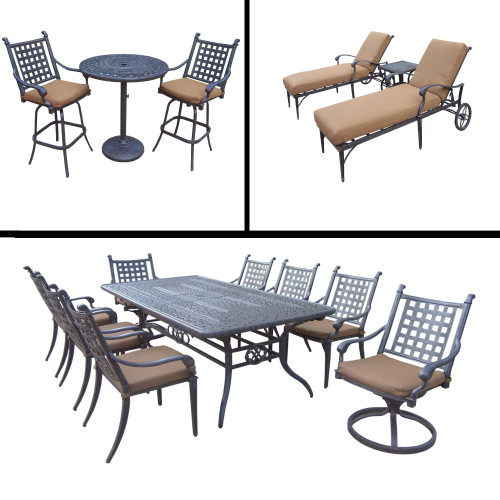 15pc Black and Brown Dining with Extendable Table, Bar and Chaise Lounge Patio Furniture Sets
