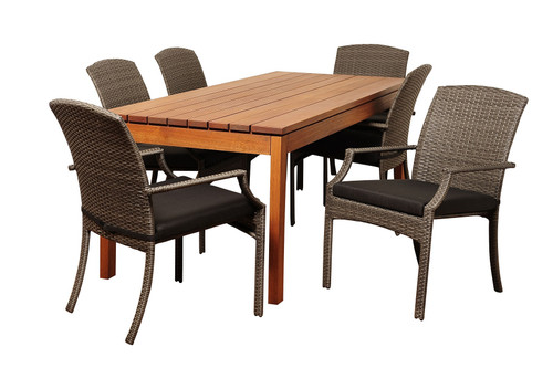 7-Piece Brown Walton Eucalyptus Wicker Rectangular Patio Dining Set 82.5" - Gray Cushions