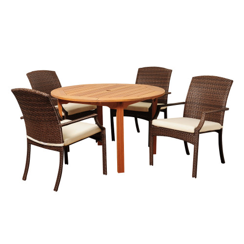 5-Piece Brown Warner Wicker Eucalyptus Round Patio Dining Set 47" - Off White Cushions