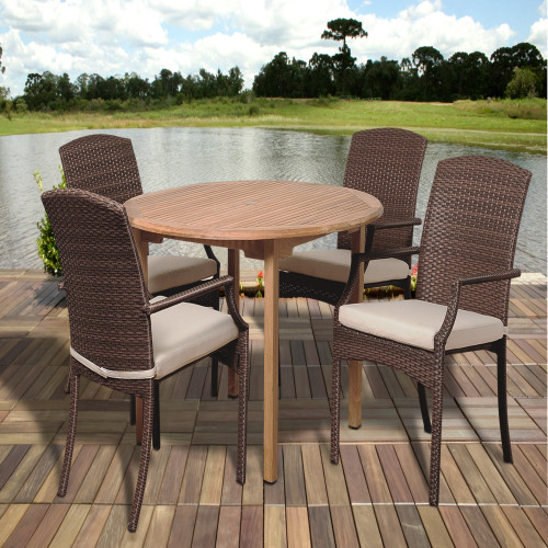 5-Piece Brown Vincenzo Teak Round Outdoor Patio Dining Set 47" - Off-White Cushions