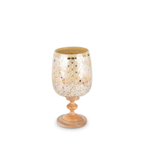 11.5" Golden Mosaic Hurricane Glass Candle Holder with Mango Wood Stem
