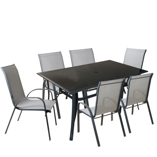 7pc Black and Gray Outdoor Mesh Textilene and Steel Rectangle Patio Dining Set - 59.25"