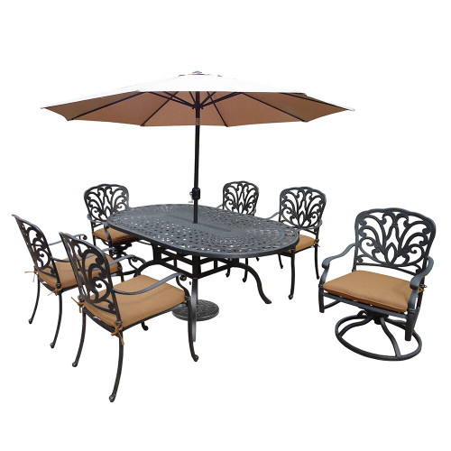 9-Piece Antique Black Finish Aluminum Outdoor Furniture Patio Dining Set - Tan Cushions