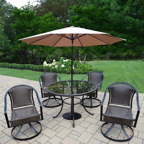 7 Piece Coffee Tuscany All-Weather Resin Wicker Dining Set with Tan Brown Umbrella 41.75"