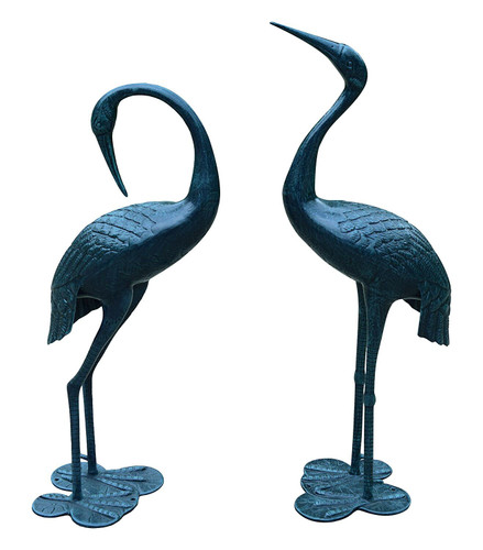 Set of 2 Green Aluminum Standing Crane Yard Statues 47.25"