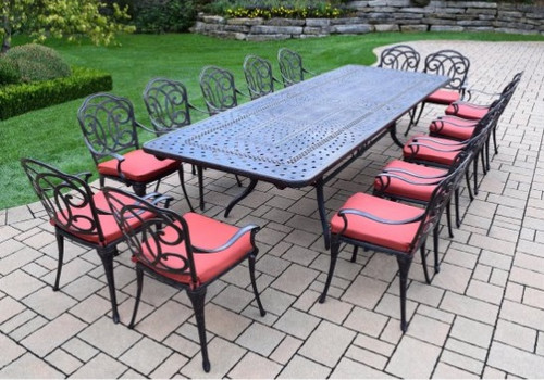 15-Piece Aged Black Finish Aluminum Outdoor Furniture Patio Dining Set - Red Cushions