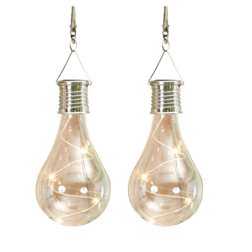 Set of 2 Clear Glass Solar Powered Clip-On LED Edison Bulbs with Metallic Silver Base 8.5"