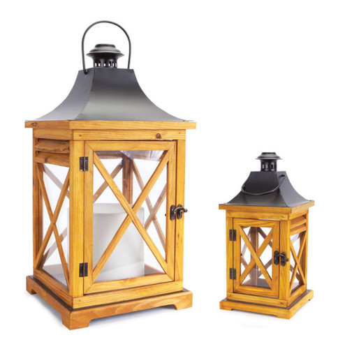 Set of 2 Wooden and Glass Craftsman-Style Pillar Candle Holder Lanterns 20"