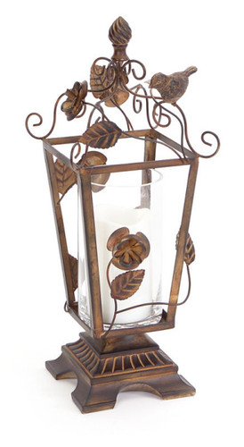 Set of 2 Bronze Candle Lantern Holder with Birds and Flowers 16.5"