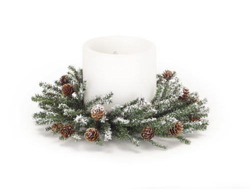 Set of 6 White and Green Decorative Frosted Pine and Cone Artificial Candle Ring 12"