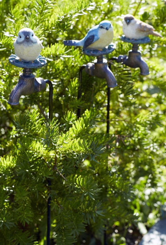 Set of Detailed Blue Perched Birds on Faucet Garden Stakes 27"H