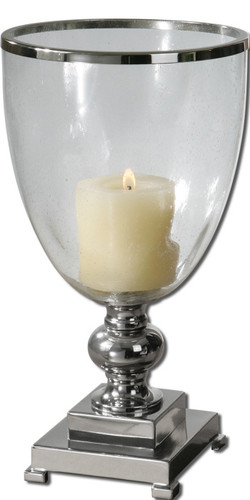Nickel Plated Lino Clear Glass Globe Candle holder With Distressed Beige Candle