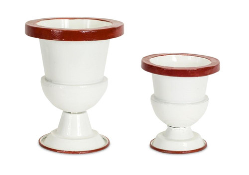 Set of 4 White and Brown Outdoor Urns with Wide Top 11"
